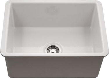 Houzer Platus White Fireclay Undermount Single Bowl Kitchen Sink with Basket Strainer and Basin Grid Included